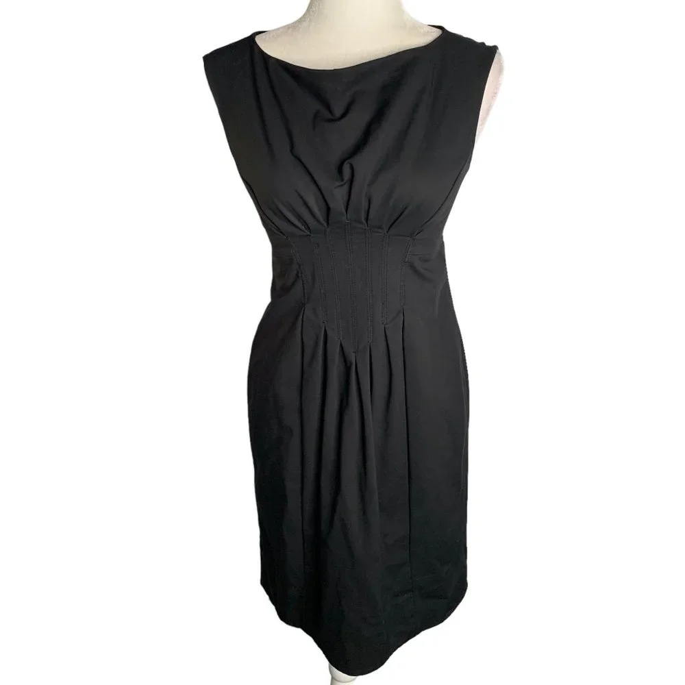 Pleated Waist Sleeveless Sheath Dress S Black Lined Lace Trim Exposed Zipper - Picture 1 of 7